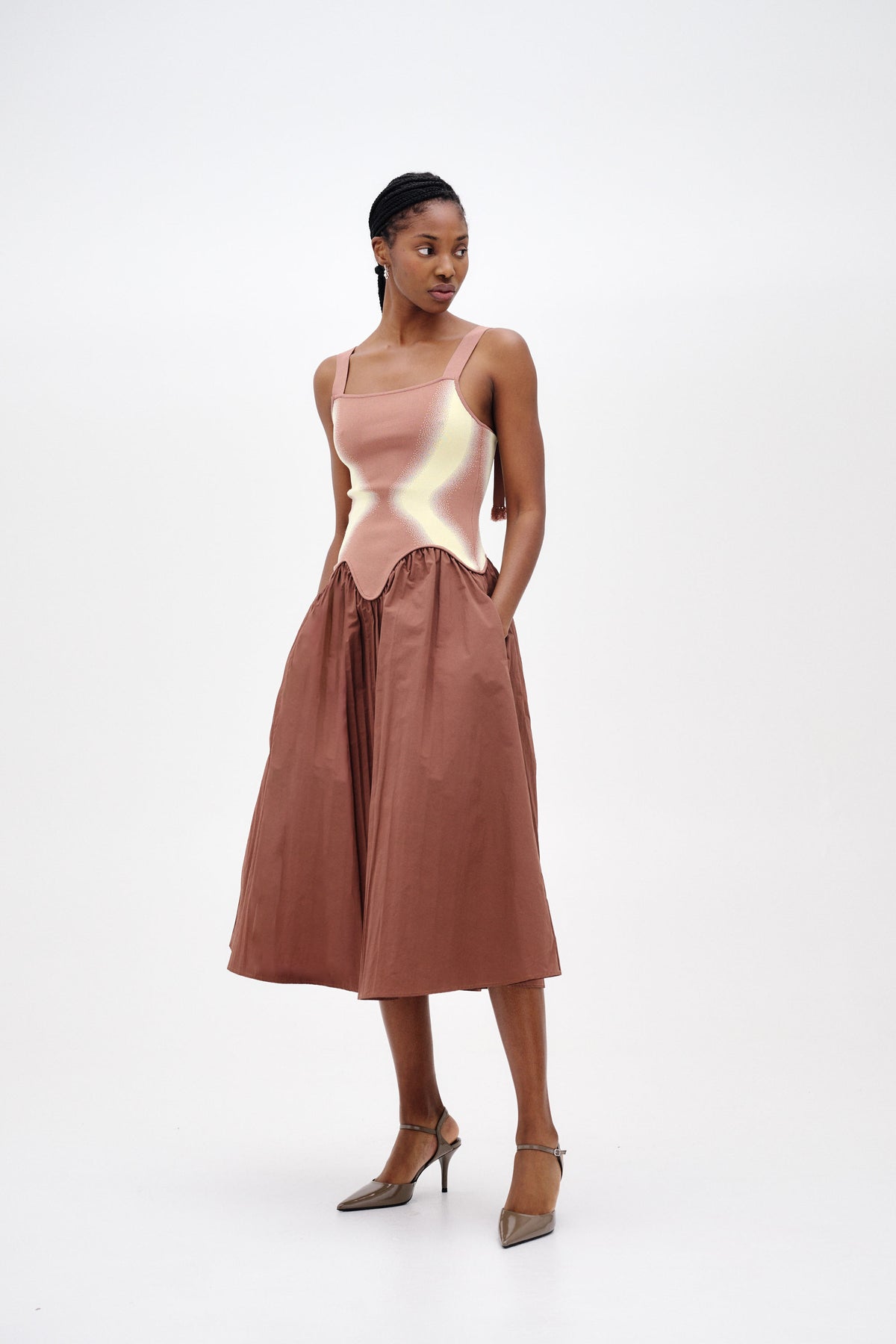 mixed media midi tank dress PH5 Mushu Mixed Media Tank Dress in Brown
