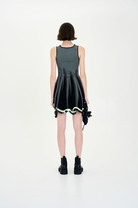 ALYSSA DENIM PRINT WAVY TANK DRESS WITH SEQUINS