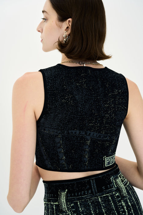 LILLIAN DENIM PRINT CROPPED TOP