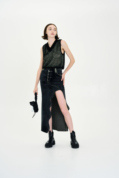 LILY DENIM PRINT WAVY LONG SKIRT