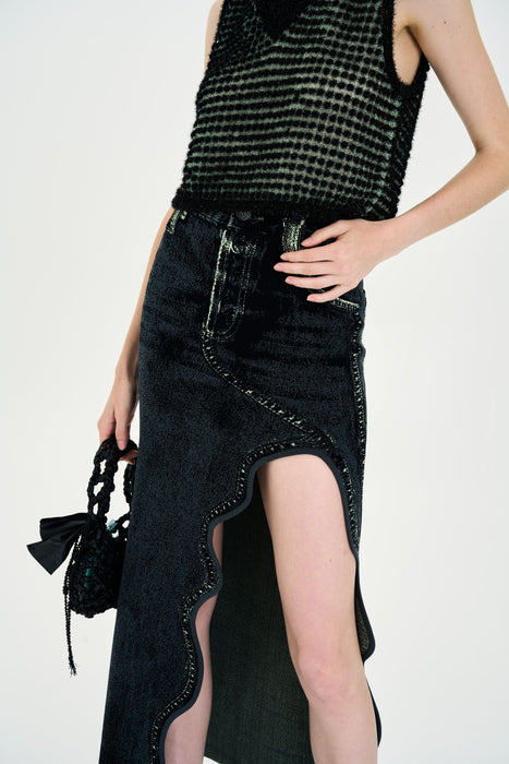 LILY DENIM PRINT WAVY LONG SKIRT