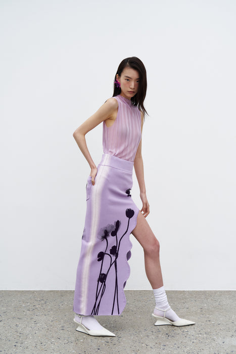 LILY FLOWER PRINT WAVY MIDI SKIRT