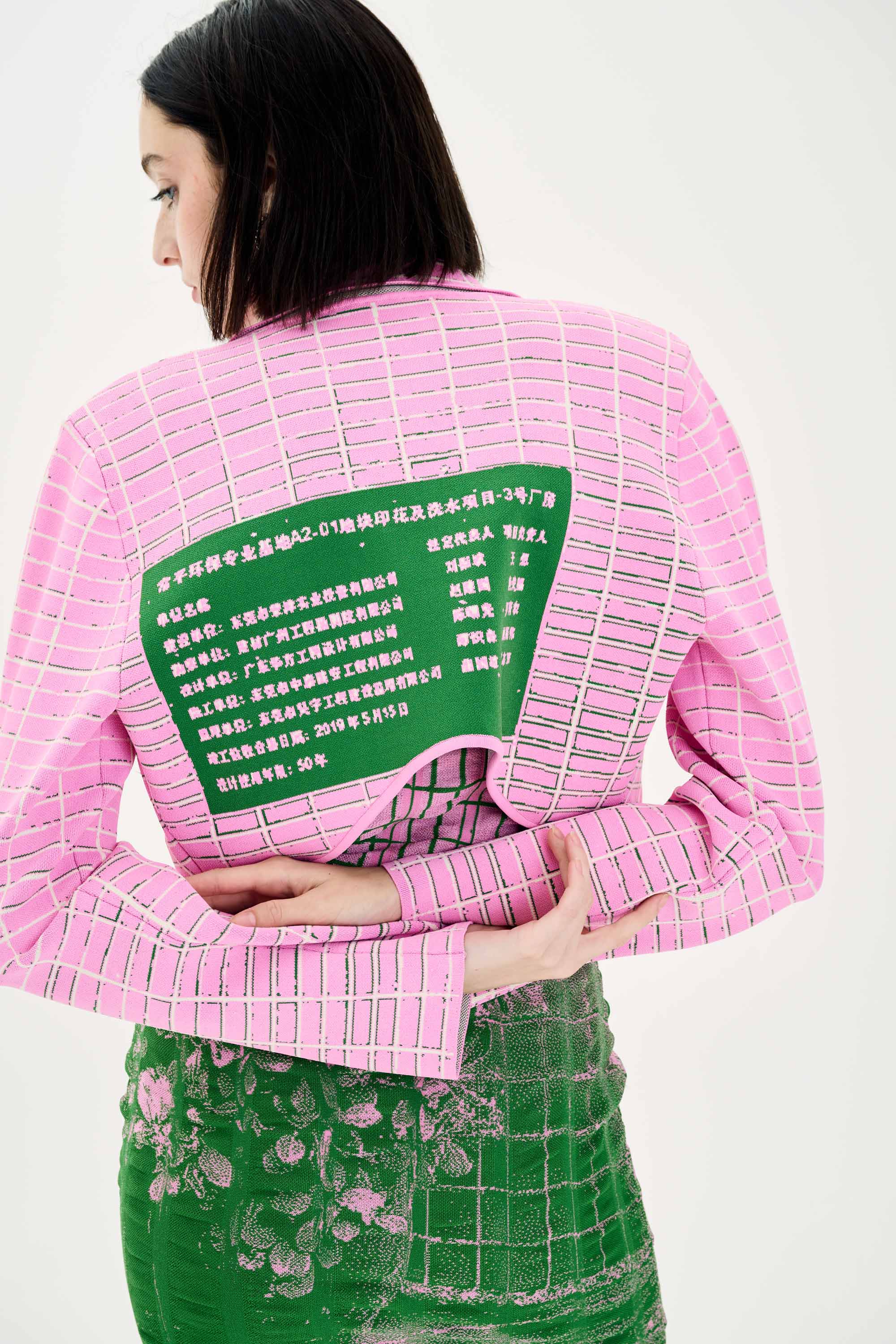 Kero　IRENE Shadow Plaid Jacket Nº21 Oversized Wool Jacket in Black Magenta Plaid Print with