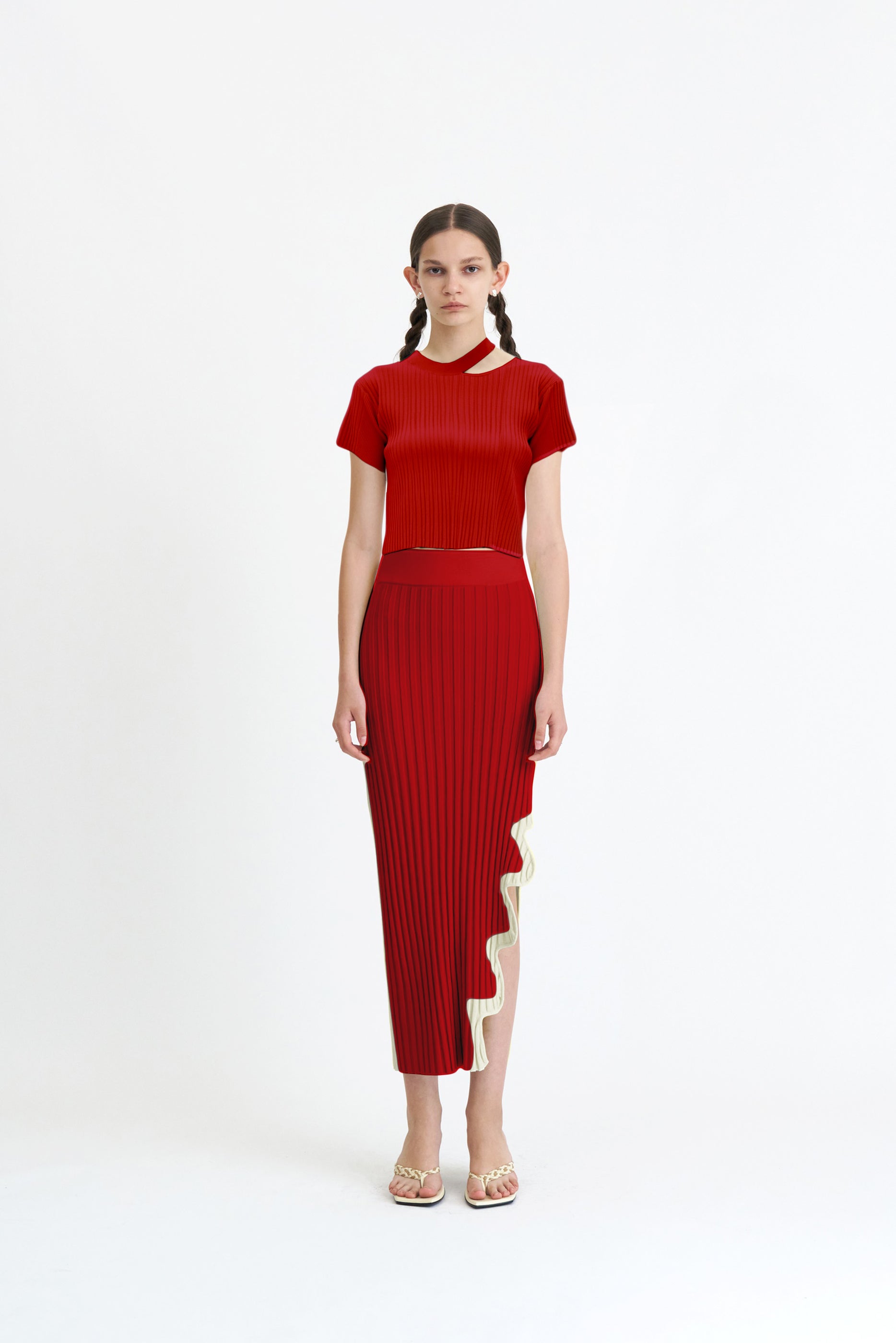 Stylish Buttoned Side Slit High Waist Pleated Knit Midi Skirt
